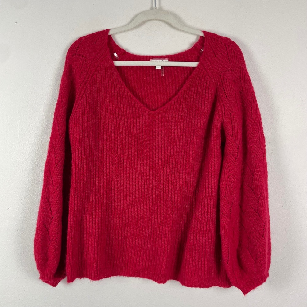 ANDRÉE BY UNIT Red V Neck Knit‎ Sweater Balloon Sleeve Women's Size L